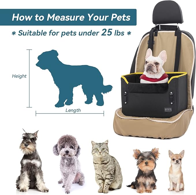 PETSFIT Small Dog Car Seat, Patent Safety Buckles Car Seat for Dogs, Puppy Car Seat with Safety Belt, Suitable for Small Pets Up to 25lbs (Black)