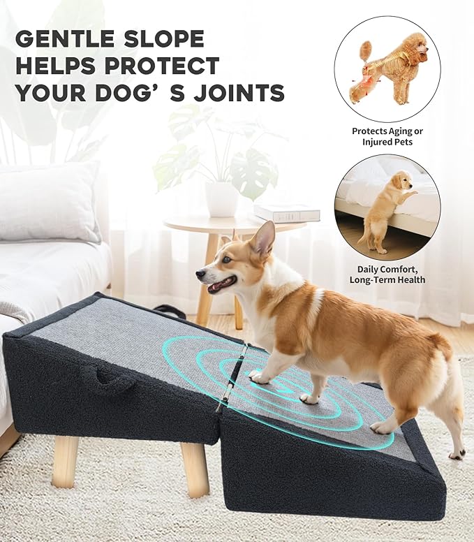 Dog Stairs for Small Dogs and Cats – 2-in-1 Dog Ramp for Bed and Couch, 16.5&