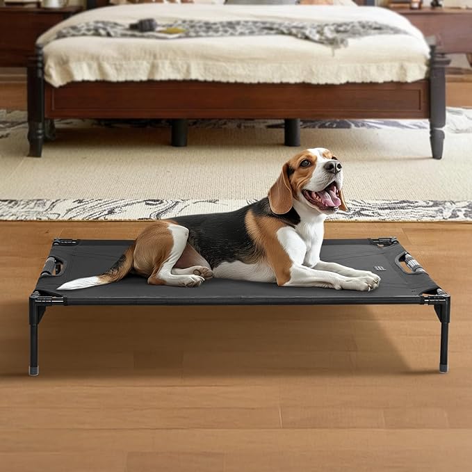Petsfit Elevated Raised Outdoor Dog Bed - Cooling Elevated Dog Cot, Upgraded Adjustable Firmness Pet Bed,Pet Hammock Bed with Chew Proof Breathable Teslin Mesh,Non Slip, Black 42”