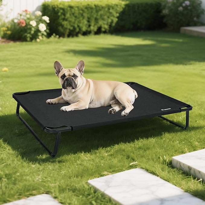 Cooling Elevated Dog Bed, Raised Outdoor Dog Bed Waterproof Pet Beds Cots Stable and Easy Assembly, Teslin Fabric with 1.2mm Thick Iron Frame, Breathable, Ultra-Sturdy,Black,32 * 25.2 * 7.1
