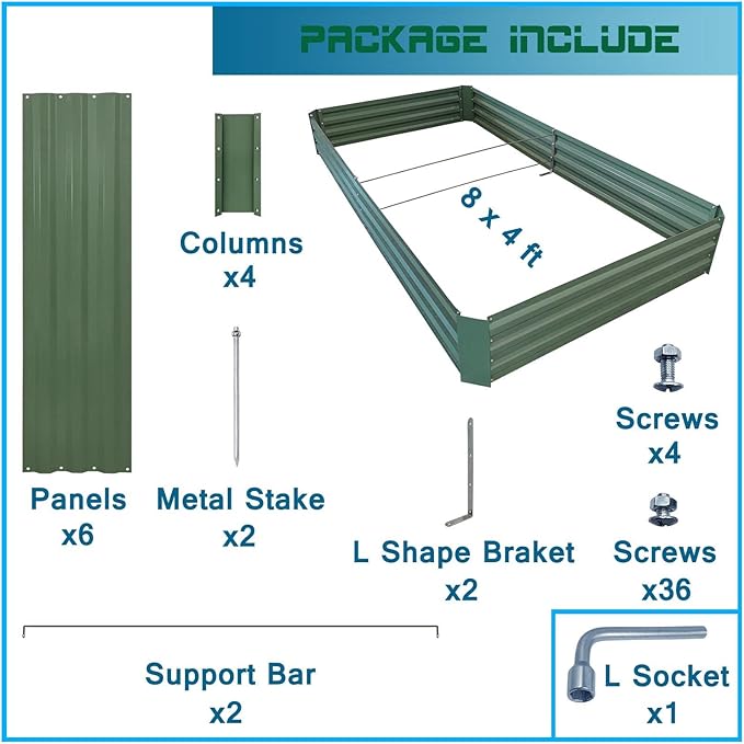 8x4x1ft Metal Raised Garden Bed Kit,Galvanized Garden Bed Box for Vegetables, Flowers, Herbs, and Succulents,240 Gallon Capacity - Green