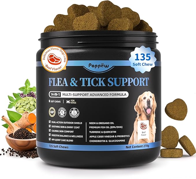 Dog Flea and Tick Support Chewable, Natural Dog Flea Comfort Supplement, Oral Chews with Neem, Oregano Oil, Pumpkin Seed Oil & Brewer&