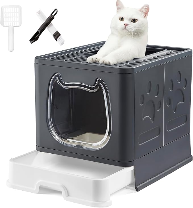 Gefryco Litter Box with Lid for Small to Medium Cats, Enclosed Cat Litter Box with Cover,High Sided Top Entry Cat Box with Brush and Scoop, Cute Kitty Litter Pan with Drawer for Growing Kitten(Black)