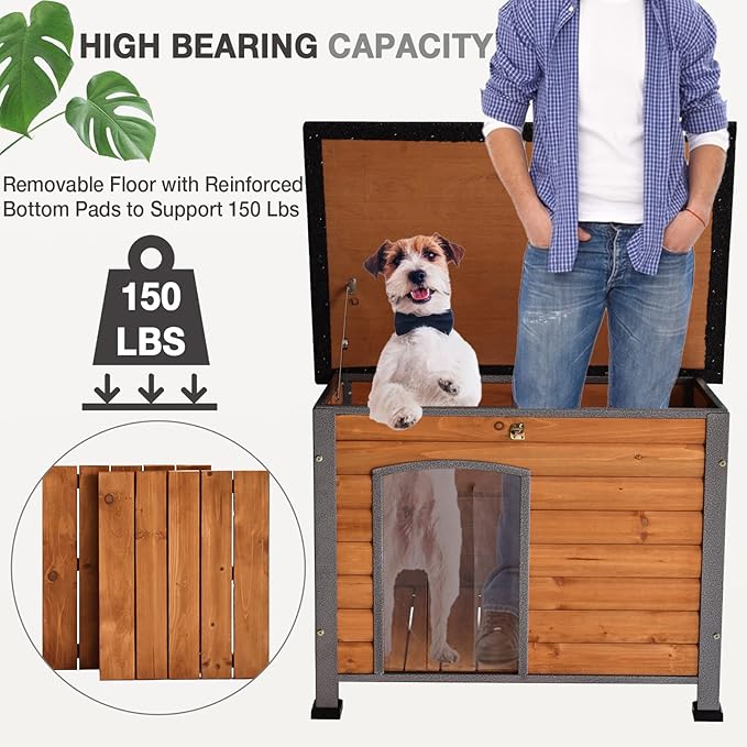 Wooden Dog House Outdoor with Iron Frame, Weatherproof Dog Kennel with Removable Floor, Anti Bite Puppy Shelter with Openable Roof (Brown, 33.5&