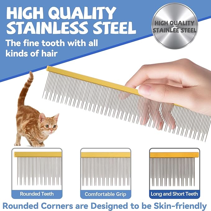 8.5 Inch Dual Tooth Pet Comb for Mats and Tangles,Professional Grooming Comb Removing Excess Hair for Long-Haired Cats and Dog Kit,Prevent Undercoat, Excess Hair,Mats and Tangles,Pet Essential