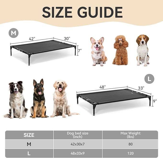 Petsfit Elevated Raised Outdoor Dog Bed - Cooling Elevated Dog Cot, Upgraded Adjustable Firmness Pet Bed,Pet Hammock Bed with Chew Proof Breathable Teslin Mesh,Non Slip, Black 42”