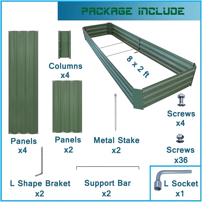 8x2x1ft Metal Raised Garden Bed Kit,Galvanized Garden Bed Box for Vegetables, Flowers, Herbs, and Succulents,120 Gallon Capacity - Green