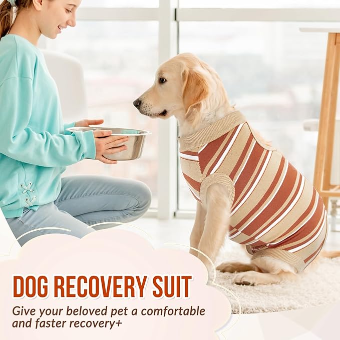 Lukovee Recovery Suit for Dogs, Onesie Surgery Recovery Suit for Female Male Dogs, Abdominal Wounds Cone E-Collar Alternative Prevent Licking Spay Recovery Suit (Brown Stripes,XL)