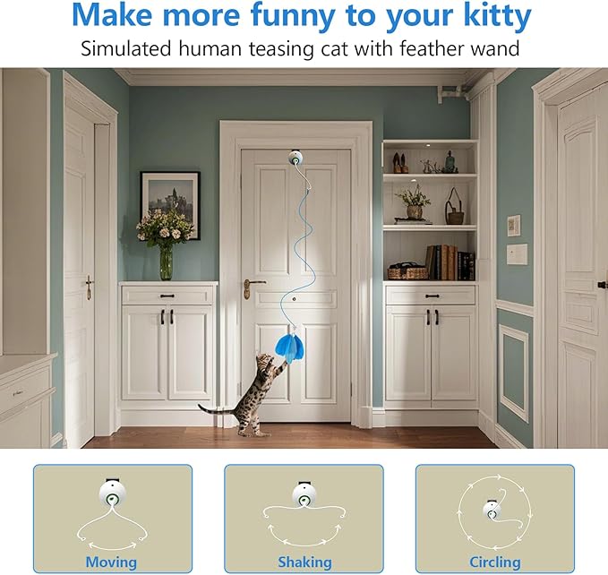 Cat Toys Hanging Door Electric and Moving Ball, Cats Toy Interactive for Indoor for Bored Feather Toys Kitten Rechargeable Door Hanging Automatic Retractable String(White)