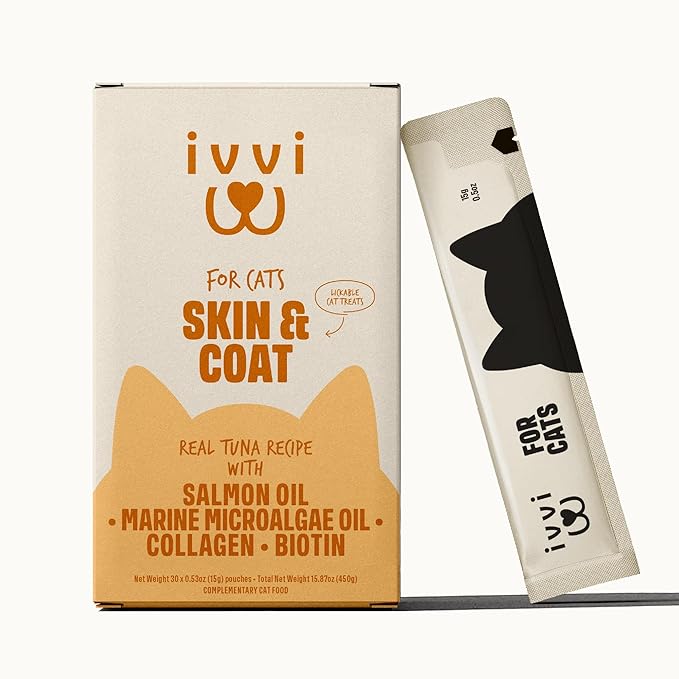 ivvi Skin & Coat for Cats β Functional Creamy Snack with Salmon Oil, Algae Oil, Zinc, Collagen & Biotin β Supports Skin and Fur Health β 30 x 0.53 oz Sachets β with Real Tuna