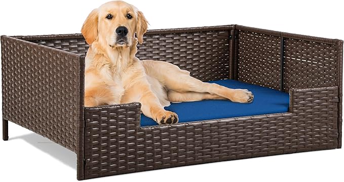 YITAHOME Rattan Dog Sofa Bed with Cushion, Wicker Pet Bed Sofa Couch Indoor Outdoor Waterproof for Large Medium Small Dogs Cats (38.6&