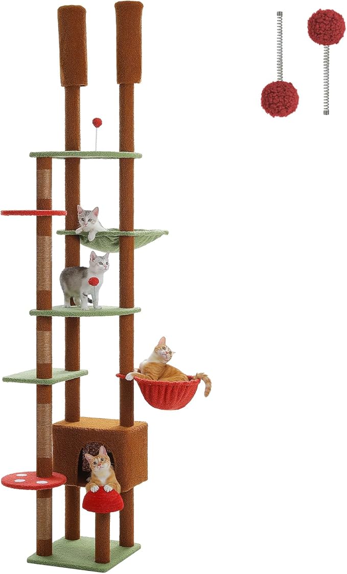PEQULTI Mushroom Cat Tree Floor to Ceiling Cat Tower Adjustable Height (90.5&