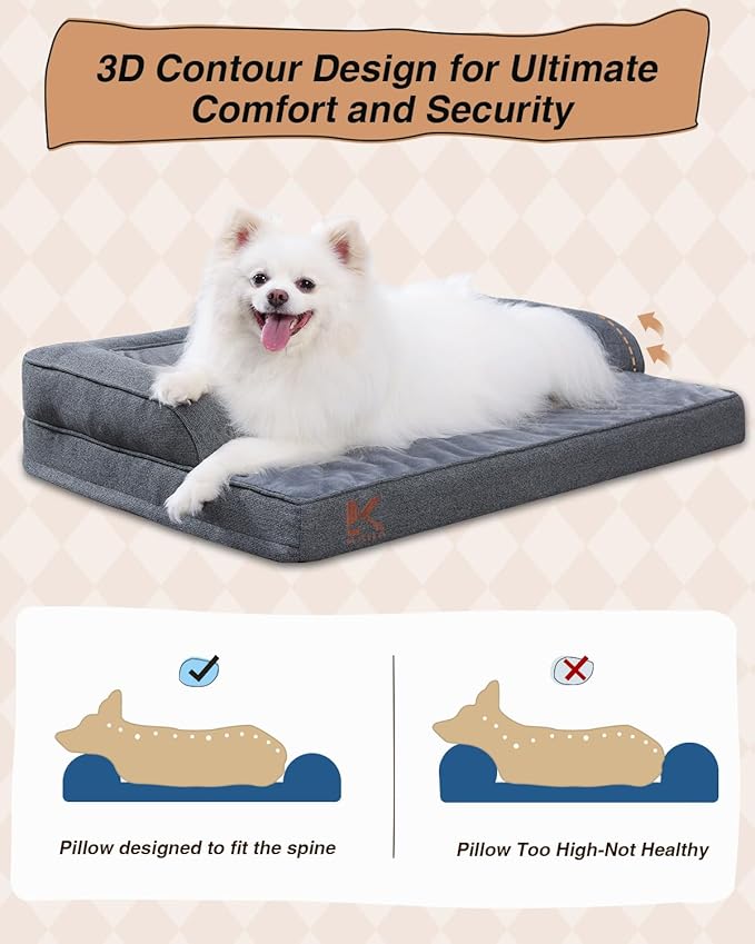 KSIIA Orthopedic Dog Bed for Small Dogs,Washable Pet Sofa with U-Shaped Bolster Removable Waterproof Cover Non-Slip Bottom and Egg-Crate Orthopedic Foam Pet Couch Bed, 29 x 18 Inch, Dark Gray