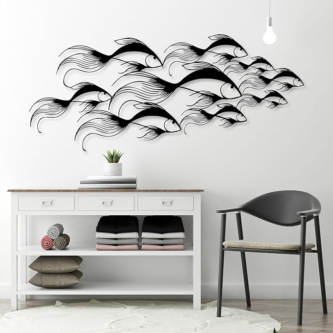 School of Fish Metal Wall Art, Metal Fish Wall Decor, Sea Life Wall Art, Large Nautical Wall Hanging, Modern Beach House Wall Decor, Ocean Themed Artwork for Bathroom (Black, 24"x10" | 60x25cm)