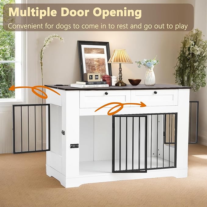 Large Dog Crate Furniture-Decorative Heavy Duty Dog Cage Indoor, Wooden Dog Cage End Table with Charging Station, Dog House with 2 Drawers (White, 47.2&