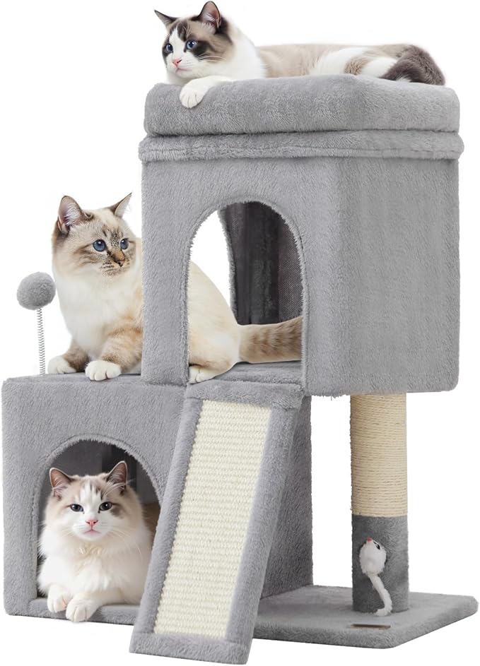 24inch Tall cat Tree with 2 cat condo and Mouse Toy Cozy Small cat Tower with Scratching Post and Board for Kitties and Small Cats.(Light Grey)