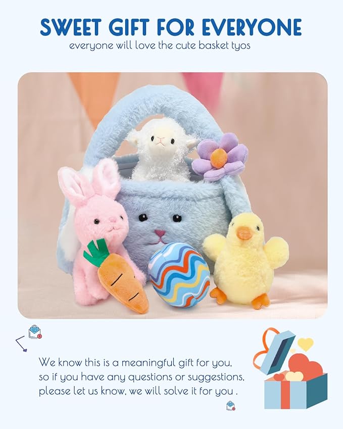 7 Piece Plush Stuffed Animals Playset Toys with Rabbit, Chick, Lamb, Carrot, Egg, Flower, Furry Bag, Soft Basket Set Toys for Girls Kids Ages 3+, Birthday Christmas Valentines Easter Party Favors