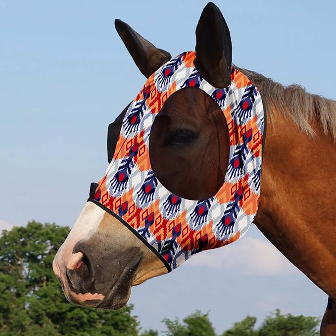 Harrison Howard Super Comfort Stretchy Fitting Horse Fly Mask with UV Protection Soft on Skin with Breathability Tribe Feather Cob (Medium)