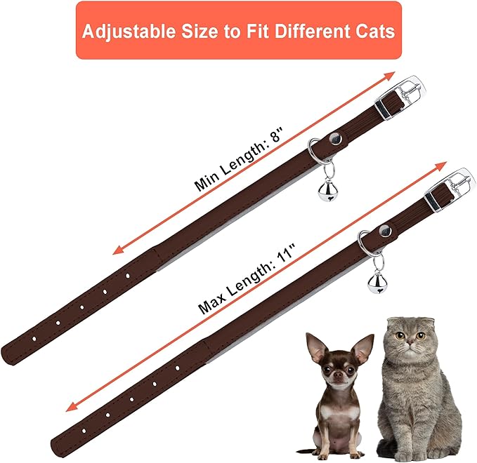 OOPSDOGGY Rolled Leather Cat Collar with Bell, Reflective Kitten Collars with Buckle Include Safety Elastic Strap - Adjustable Small Pet Collars for Boy Girl Cats (Brown)