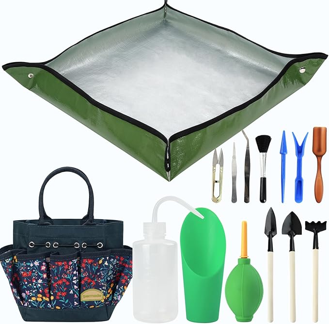 Succulent Tools Kit with Organizer Bag- 13Pcs Indoor Gardening Tools |Mini Succulent Hand Tools with Tote, Succulent Transplanting Supplies, Present for Gardeners Plant Care (Navyblue) 
