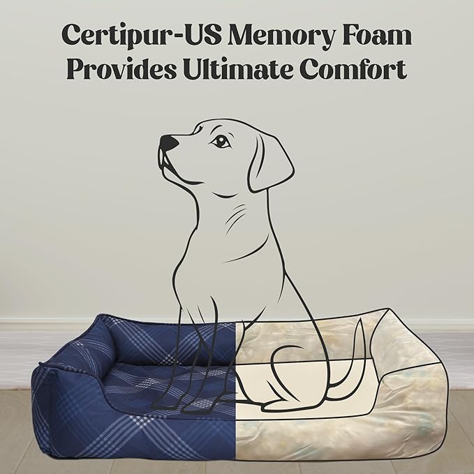Orthopedic Bolster Dog Bed β CertiPUR-US Foam, Recycled Polyester Canvas, Washable Cover, Anti-Slip Bottom, Small, Navy Plaid β Stylish Designer Dog Sofa