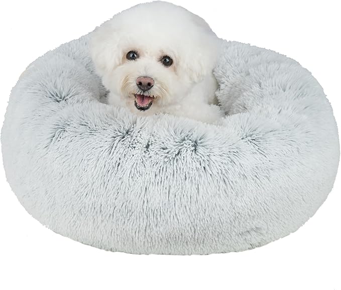 Best Pet Supplies Round Donut Dog Bed with Plush Faux Fur Fabric, Calming, Anti-Anxiety Cushion for Indoor Pets, Slip-Resistant Base, Soft Ergonomic Support - Light Warm Gray, 20x20x6&