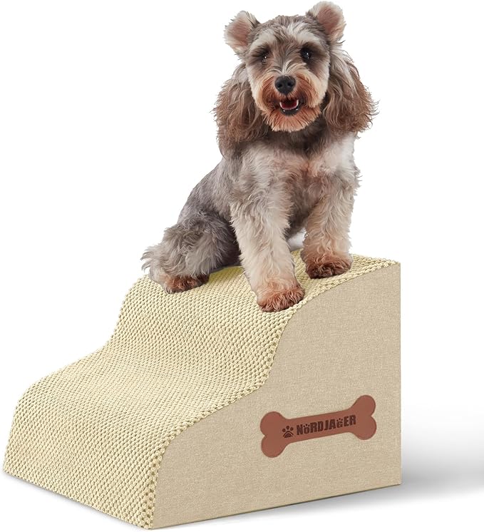Dog Stairs for Small Dogs and Cats, 2 Steps Pet Stairs to Get on Couch Sofa and Chair, Indoor Non-Slip Balanced Portable Pet Step, High-Density Foam Ramp with Removable Washable Cover, Beige(11.8" H)