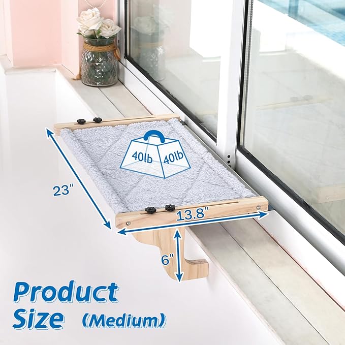 Easy Seat Cat Perch for Window Sill - Hammock Design w/Pine Wood & Robust Metal Frame - Cat Window Seat for Large Cats and Kittens (Natural Color Wood w/Gray Bed, Medium (23&
