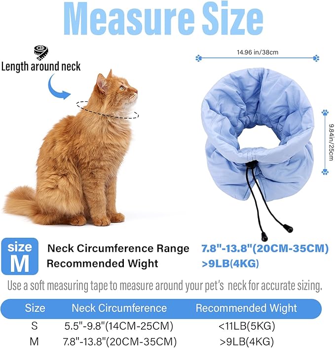 Cat Recovery Collar, Soft Adjustable Cone for Cats and Kittens, Lightweight Waterproof Elizabethan Collar for After-Surgery Care, Prevent Licking and Scratching, Neck Protector for Pets(Light Blue,M)