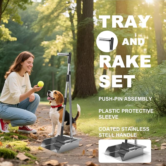Heavy Duty Metal Pooper Scooper, Dog Pooper Scooper for Large Medium Dogs Long Handle Stainless Tray and Rake Set,Extremely Durable Metal Stainless Steel Dustpan for Indoor Outdoor Cleaning 。