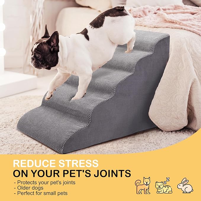 Dog Stairs for Bed and Couch, Non-Slip 5-Step Pet Stairs, 24" High Sofa Foam Dog Ramp - Best for Small Pets, Dogs and Cats with Joint Pain