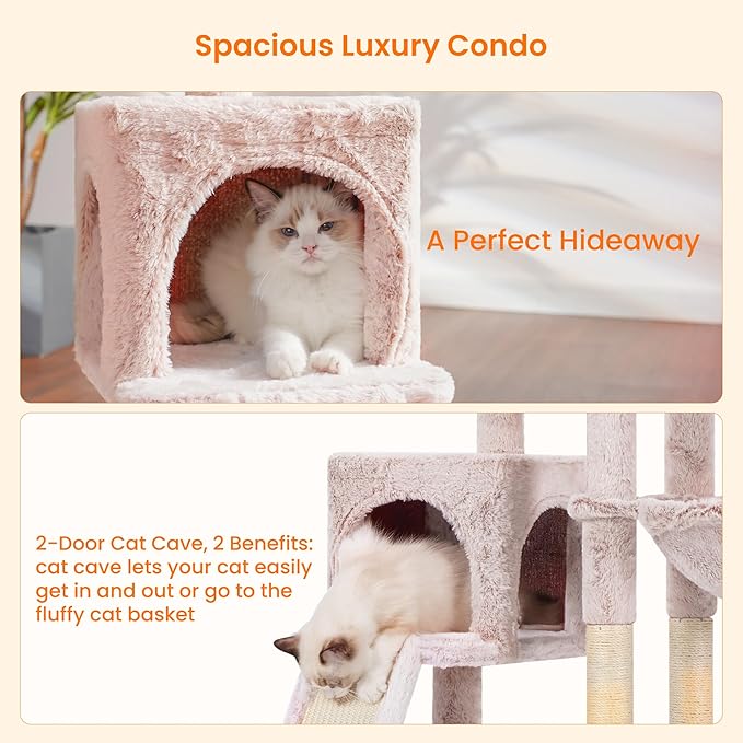 Heybly Cat Tree with Cat Self Groomer Brush, Cat Tower Condo for Indoor Cats with Padded Plush Perch, Cat House with Basket Scratching Board Post, Muchroom HCT005SMU