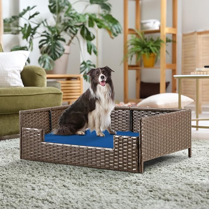 YITAHOME Rattan Dog Sofa Bed with Cushion,Wicker Pet Bed Sofa Couch Indoor Outdoor Water Resistant for Large Medium Small Dogs Cats (34.6&