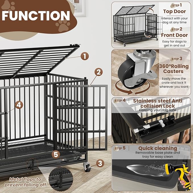 LEVELEVE 38 Inch Heavy Duty Indestructible Dog Crates for Large Dogs,Escape Proof Dog Cage Large Dogs with Lockable Wheels,Dog Kennel Furniture Indoor&Outside