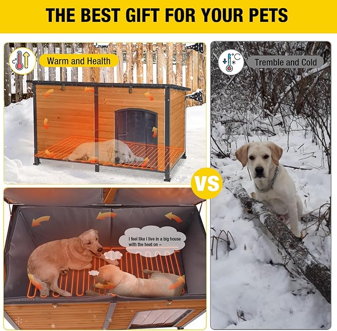 Aivituvin Extra Large Dog House Outdoor Heated Dog Kennel with Insulation Liner for Winter Strong Iron Frame Insulated Dog Cage with Heater,59"