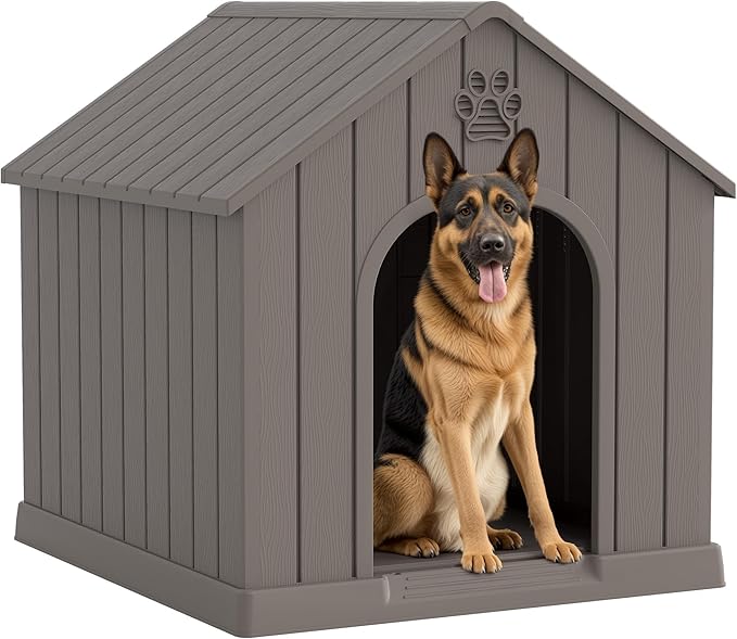 Large Dog House Outdoor Indoor for Medium Large Dogs, Durable Plastic Waterproof Doghouse with Air Vents and Elevated Floor, Easy Clean and Assemble (Grey, 36.2&