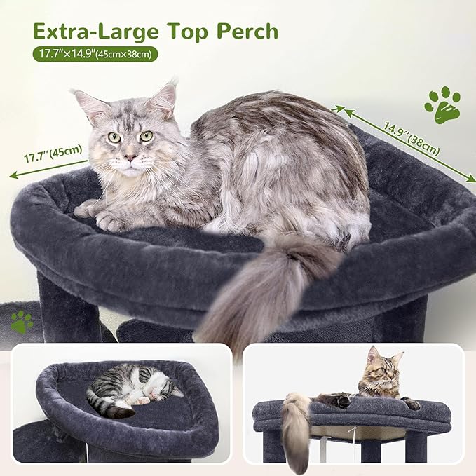 Globlazer Corner Cat Tree for Large Cats, 66inch Tall Curved Series Large Cat Tower for Multiple Indoor Cats with 6 Scratching Posts, 2 Spacious Cat Condos, Hammock, Hanging Basket, C66, Dark Grey