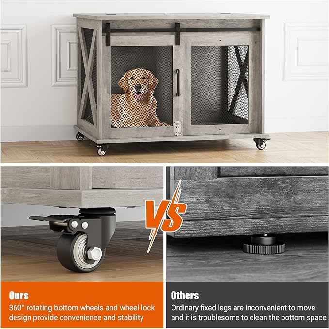 Dog Crate Furniture,37 Inch Indoor Dog Cage with Sliding Barn Door, Flip Top Dog Kennel End Table with Removable Divider, Farmhouse Wooden Pet House for Small to Middle Size Dogs