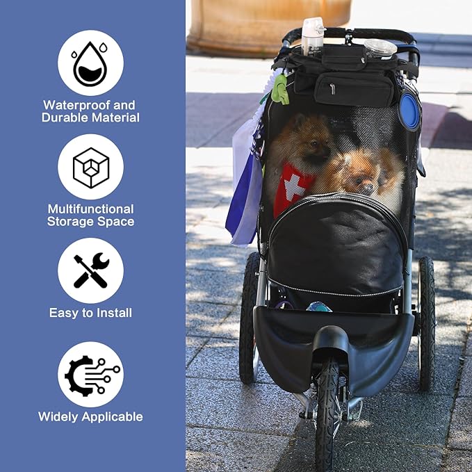 Dog Stroller Bag with Shoulder Strap, Universal Dog Stroller Caddy Organizer with Poop Bag Dispenser, Water Bowl, Insulated Cup Holders and Treat Pocket