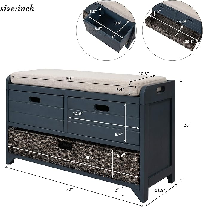 Storage Bench Removable Basket 2 Drawers Fully Assembled Acacia Wood Shoe Bench Standing Shoe Rack Removable Cushion for Living Room, Entrance Hallway, No Assembly Required Navy
