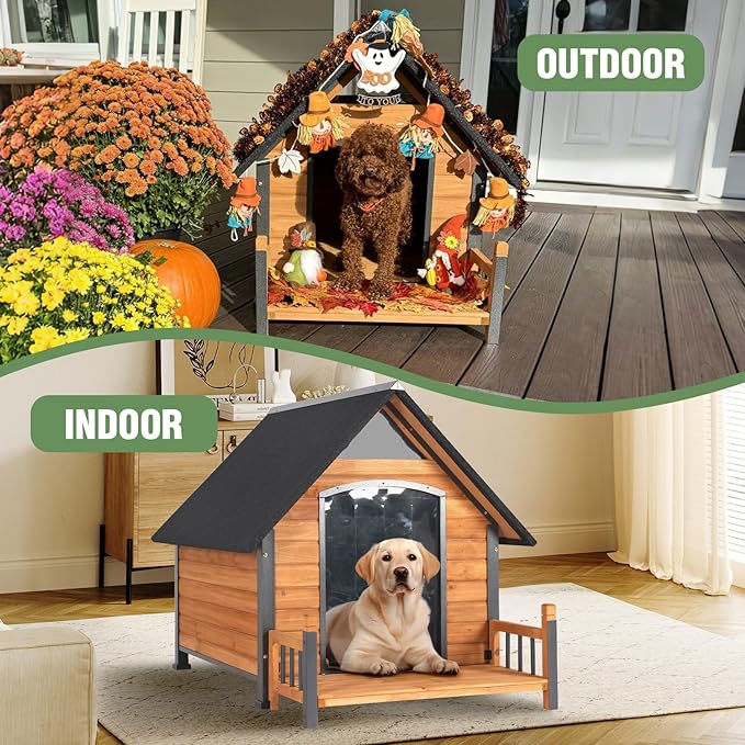 Heated Dog House Outdoor with Insulated Liner in Winter, Weatherproof Puppy Kennel with Anti-Chewing Metal Frame, Dog Shelter for Large, Medium and Small Dogs (Brown, 50.9&