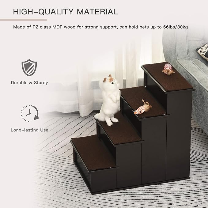 PawHut Pet Stairs, Small Pet Steps with Cushioned Removable Covering for Dogs and Cats Up to 22 lbs, Brown