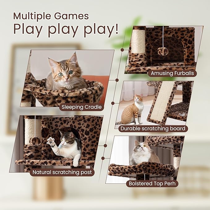 SHA CERLIN 68 Inches Multi-Level Large Cat Tree for Large Kitties/Big Cat Tower with Condo/Cozy Plush Pussycat Perches/Sisal Scratching Posts and Hammocks/Activity Center/Leopard Print