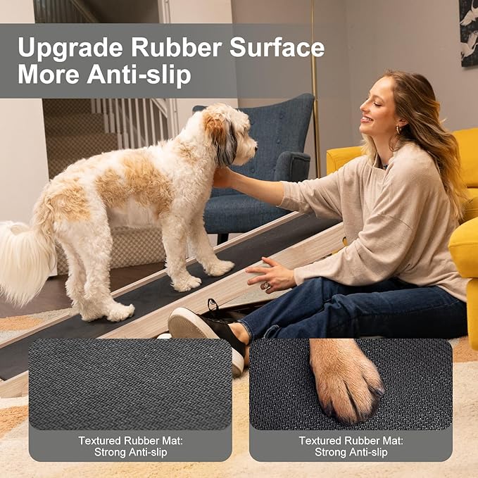 ABORON Folding Wooden Extra Long Dog Ramp, Non-Slip Rubber Mat, 63" Long for High Bed/Couch/Car, 5 Levels Adjustable Pet Ramp, 17.7&