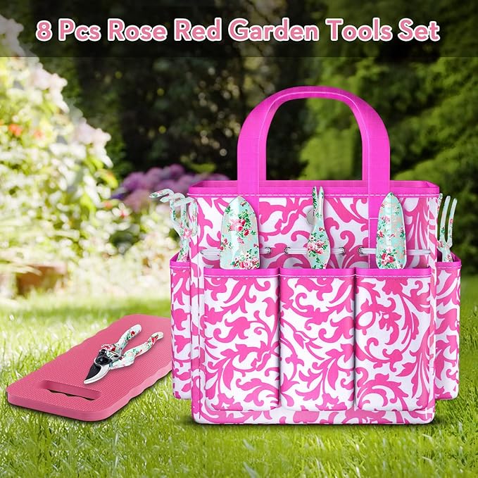 Gardening Tools, 8 Pcs Heavy Duty Floral Garden Tool Set Birthday Gifts for Women WANCHI Rose Red Gardening Kit (Garden Tool Bag Kneeling Pad Weeder Fork Hand Rake Pruning Shears Trowel Transplanter)