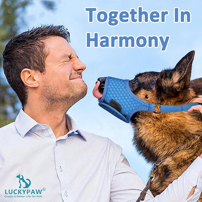 LUCKYPAW Dog Muzzle, Soft Muzzles for Large Medium Small Dogs to Prevent Biting Chewing with Ring and Adjustable Strap for Vet Visit Training (Blue, S)
