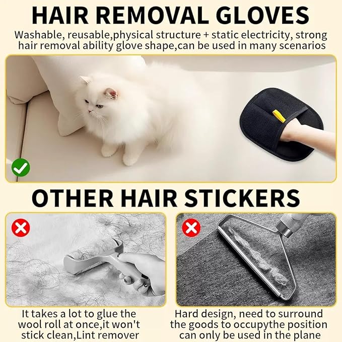 2Pcs Pet Hair Removal Gloves,Efficient Pet Grooming Gloves,Reusable Pet Hair Glove,Reusable Double Sided for Couch, Furniture,Carpet