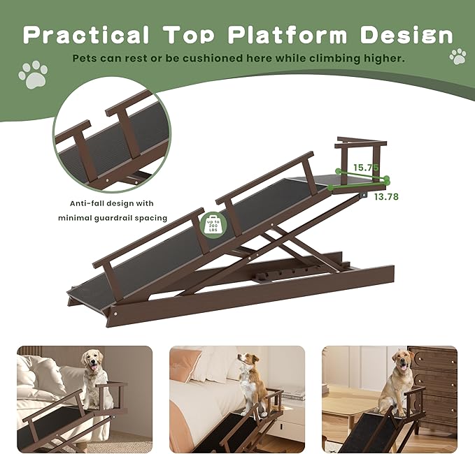 6 Level Height Adjustable Dog Ramp for Bed, Couch 65" Foldable Pet Ramp with Non-Slip Mat,DIY Glow Strips & Rest Platform Heavy Duty Dog Stairs for Large Dogs up to 200Lbs ,Brown
