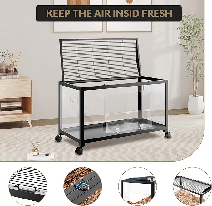 Large Metal Hamster Enclosure Rat Cage with 360 Viewing Acrylic Sides, Ventilated Front Door & Openable Top, Portable Hamster Tank for Guinea Pig, Chinchilla, Gerbil, 37.8&