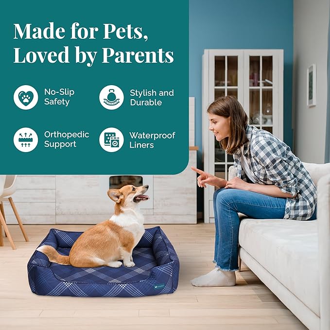 Orthopedic Bolster Dog Bed β CertiPUR-US Foam, Recycled Polyester Canvas, Washable Cover, Anti-Slip Bottom, Small, Navy Plaid β Stylish Designer Dog Sofa